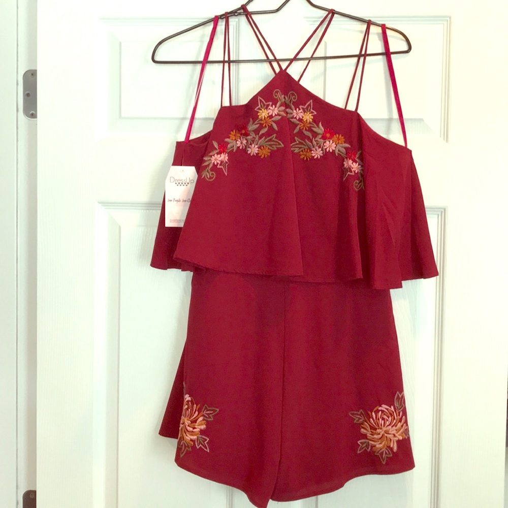 Burgundy Embroidered Strappy Romper, Size L